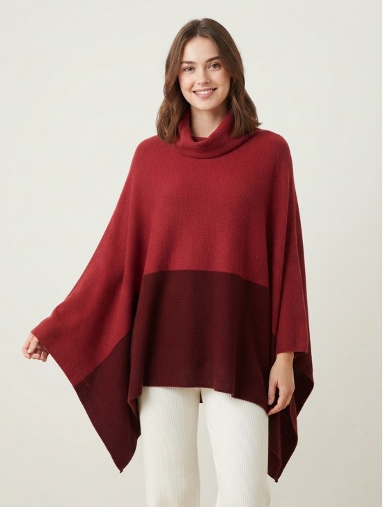 Super Soft Turtle Neck Side Slit Two-Tone Poncho Super Soft Turtle Neck Side Slit Two-Tone Poncho